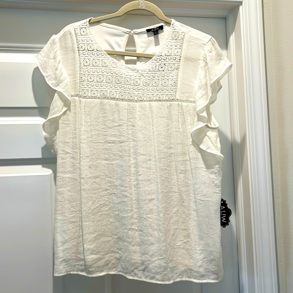 NWT New AUW A.U.W. XL flutter sleeve sheer ivory gauze top crochet detail pretty